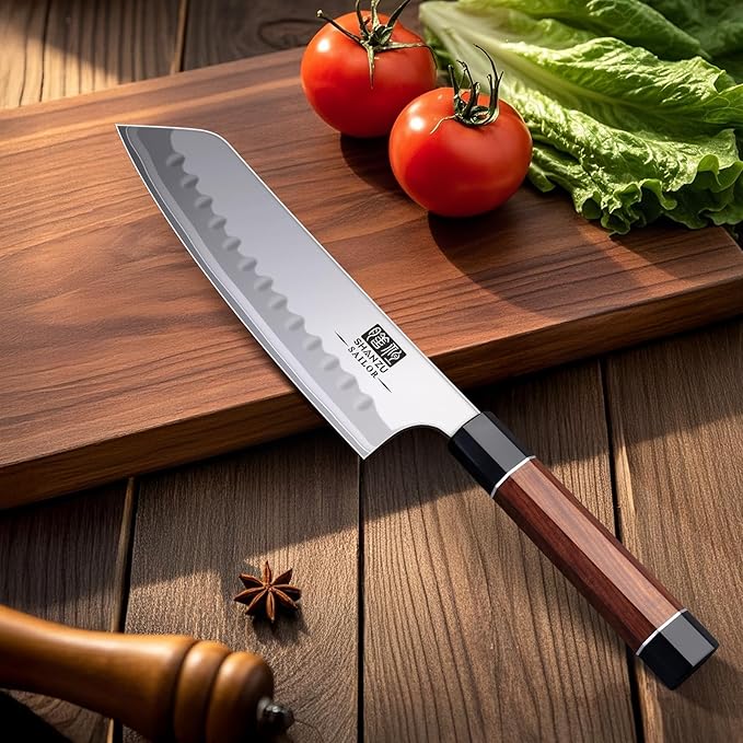 SHAN ZU 7 Inch Japanese Chef Knife, 9 Layers 10Cr15MoV High Carbon Steel Professional Kitchen Knife, Sharp Cooking Knife with Ergonomic Red Sandalwood Handle, Meat Cutting Santoku Knife
