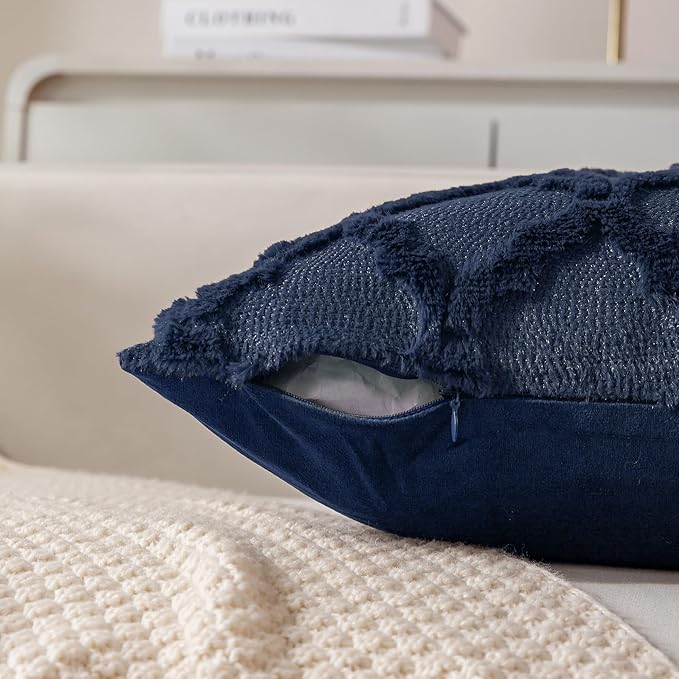 Set of 2 Soft Moroccan Throw Pillow Covers 16x16 Inch Plush Boho Decorative Pillow Cover Accent Cushion Case for Couch Sofa Bed, Navy Blue