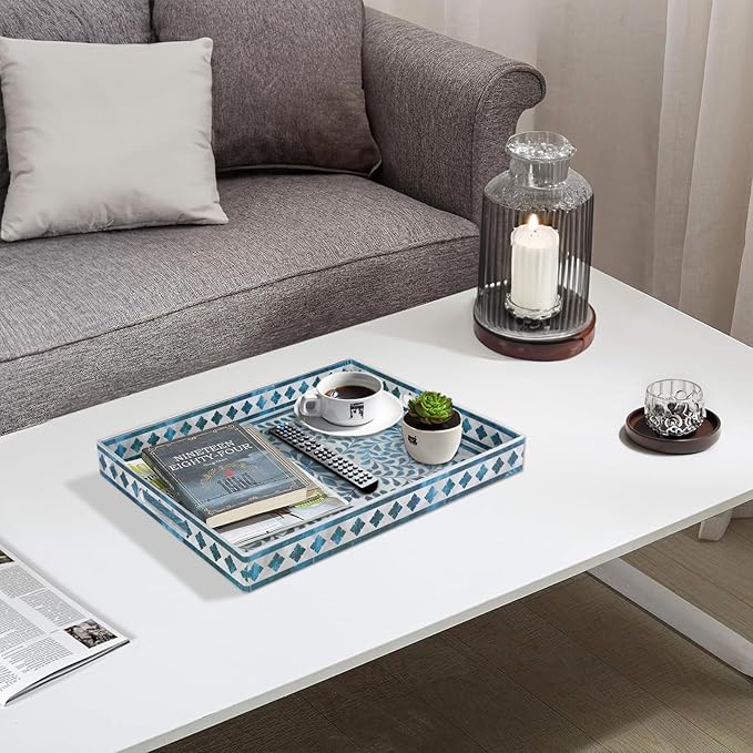 MAONAME Rectangular Decorative Tray, Plastic Serving Tray with Handles, Modern Blue Trays for Ottoman, Coffee Table Trays for Living Room, Home Decor, 15.7" x 11.8" x 1.6"