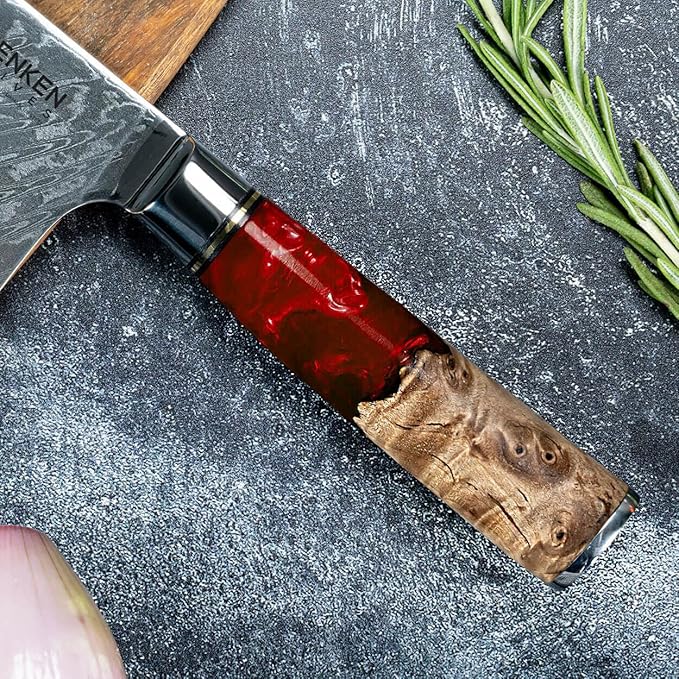 SENKEN Damascus Steel Chef's Knife - Tsunami Collection - 67-Layer Japanese VG10 Steel Core - Unique Blue Resin & Natural Wood Handle, Razor Sharp, Beautiful Damascus Wave Pattern (Red)