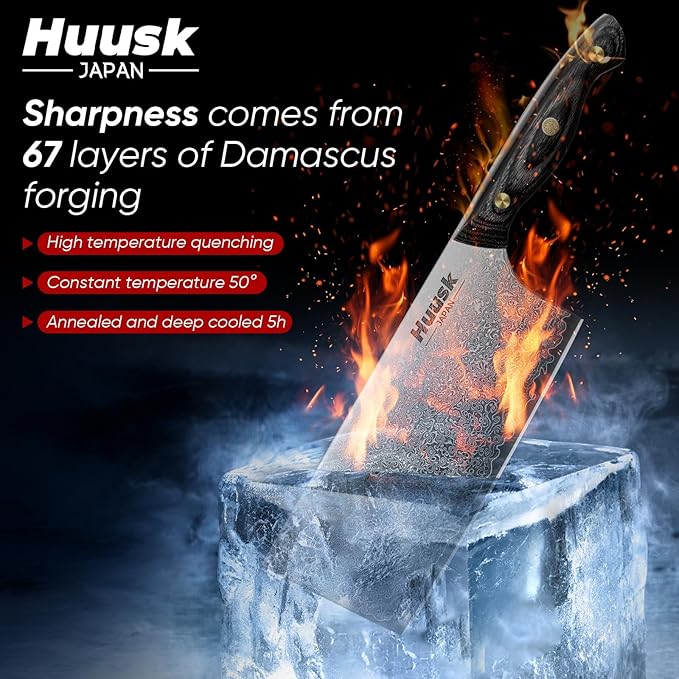 Huusk Damascus Cleaver Knife 7 inch, VG10 Butcher Knives for Meat Cutting, Kitchen Knives with Wood Handle for Chopper Vegetables, Hand Forged Chooping Knives, Birthday Dad Mom Gift