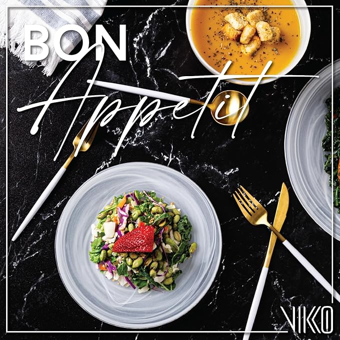 Vikko Lunch Plates, Set of 6 White Alabaster Plates, 8.5" Plate with Marbelized, Swirl Design, Elegant Glass Entree Plate, Dishwasher Safe