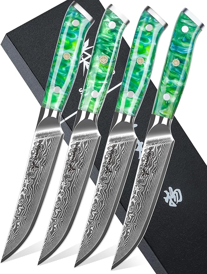 Steak Knives Set of 4, Ultra Sharp Non Serrated Kitchen Steak Knife 5 Inch - Damascus Steel & Resin Handle - Xuan Series(Jade Green)