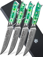 Steak Knives Set of 4, Ultra Sharp Non Serrated Kitchen Steak Knife 5 Inch - Damascus Steel & Resin Handle - Xuan Series(Jade Green)