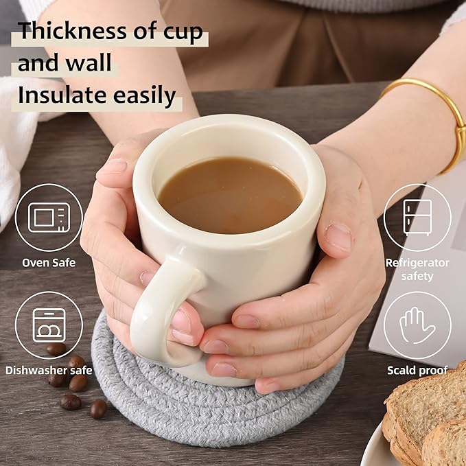 11oz Ceramic Diner Coffee Mug set Stoneware Coffee Cups Set for Restaurant, Diner, Farmhouse, Coffee Shop, Home set of 4 with Coffee spoons and Woven Coasters (Cream)