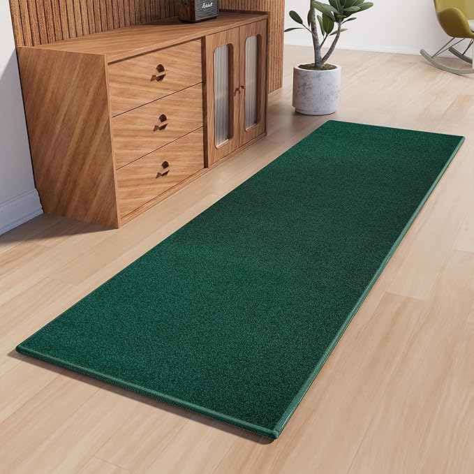 Runner Rug with Non Slip Rubber Backing, Washable Soft Floor Carpet for Kitchen, Hallway, Entryway Indoor, Bedroom, Laundry, Low Pile Area Rugs, Solid Color with Pointillism Style (Green, 2' * 8')