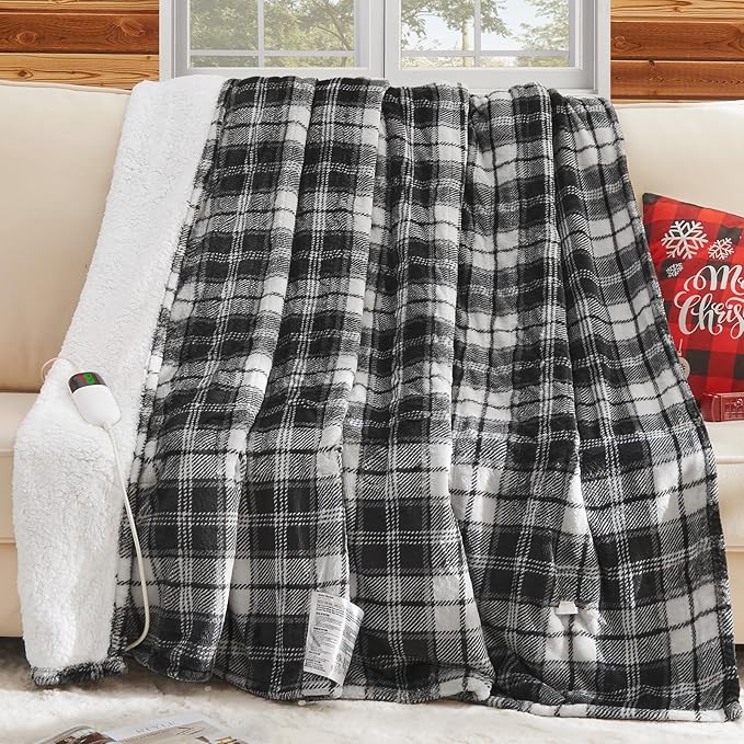 Black Heated Blanket Electric Full Size,72X84 Heating Blanket,Plaid Soft Sherpa Blankets Warmer Gift for Grandma Women Adult,Fast Heating Washable,ETL