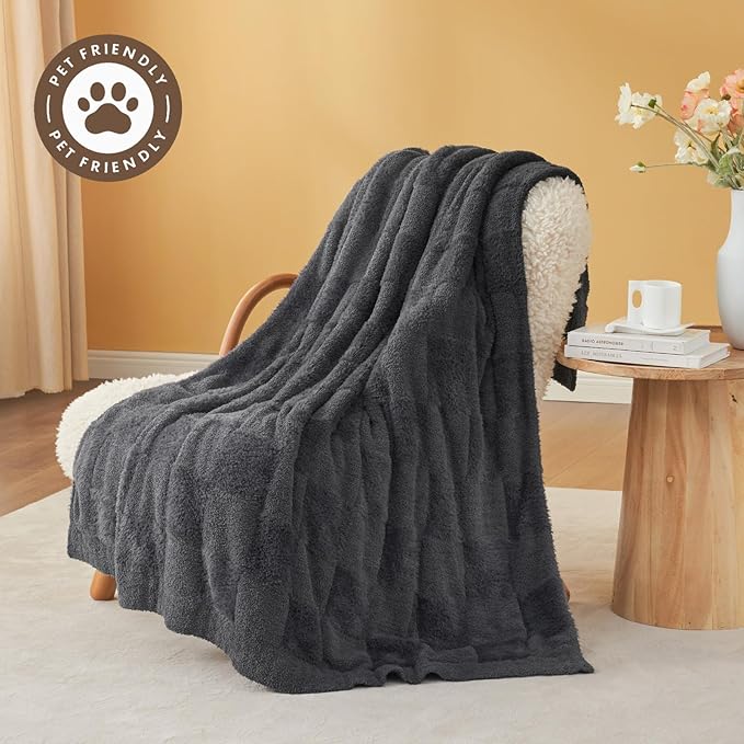 Snuggle Sac Faux Fur Checkered Blanket Twin Size with Soft Knitted Microfiber Fabric,Cozy Soft Warm Blanket for Sofa Bedroom Living Room,Solid Dark Grey,60x80 inches