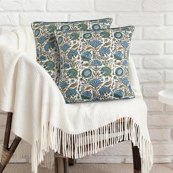 Ridhi Block Print Pillow Cover Asparagus Green Cotton Throw Case Decorative for Couch Pillows Living Room, Chic Boho Cute Thanksgiving Christmas, Fall Gifts 16 x16 Inches