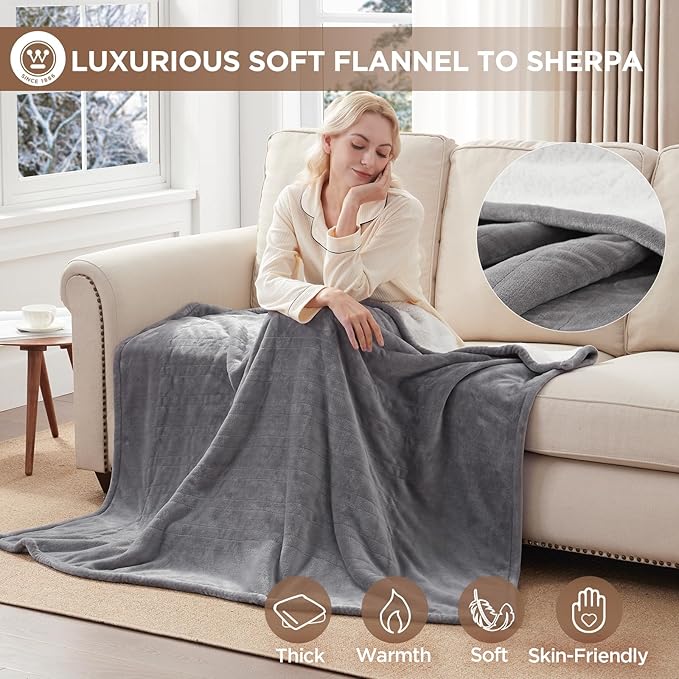 Westinghouse Heated Throw Blanket, Soft Flannel to Sherpa Electric Throw with 6 Heating Levels, 2-10 Hours Time Settings, Fast Heating, Machine Washable 50x60 Inch, Light Grey