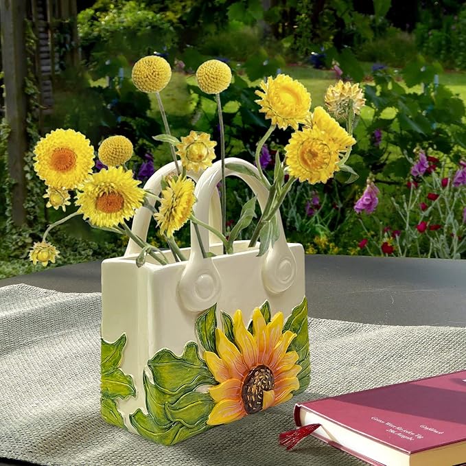 Small Purse Vase for Flowers - Sunflower Cute Mini Handbag Flower Vase for Organic Modern Table Centerpiece Decor, Unique Beige Resin White Vases for Party/Kitchen/Neutral/Bedroom