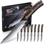 Steak Knives Set of 8, 4.8 Inch High-Carbon Japanese Style Non-serrated Steak Knife with Wood Handle, Damascus Pattern Full Tang Design, Razor-Sharp Dinner Knives with Gift Box