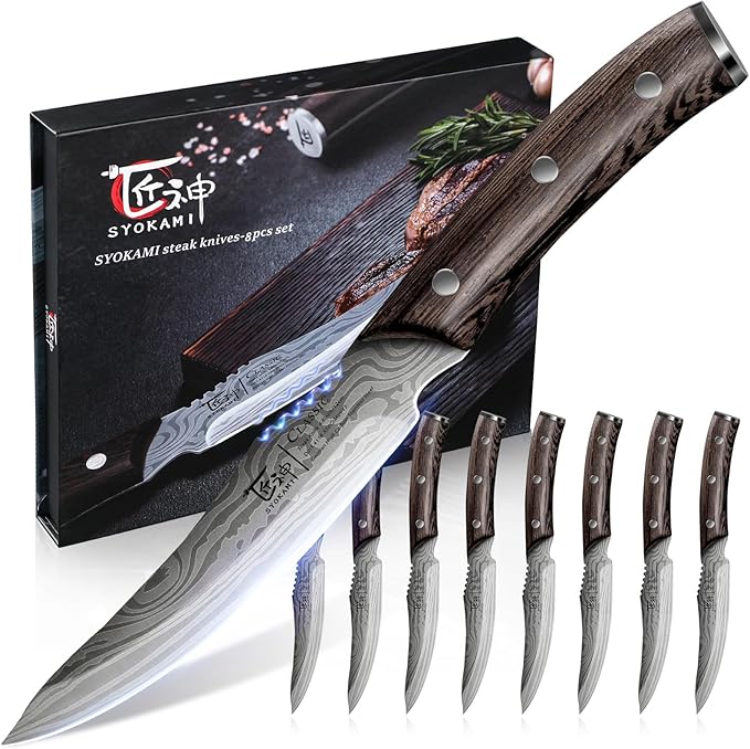 Steak Knives Set of 8, 4.8 Inch High-Carbon Japanese Style Non-serrated Steak Knife with Wood Handle, Damascus Pattern Full Tang Design, Razor-Sharp Dinner Knives with Gift Box