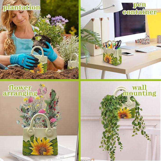 Small Purse Vase for Flowers - Sunflower Cute Mini Handbag Flower Vase for Organic Modern Table Centerpiece Decor, Unique Beige Resin White Vases for Party/Kitchen/Neutral/Bedroom