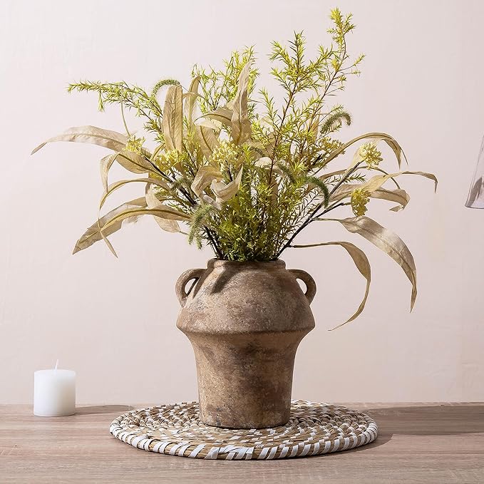 Ceramic Flower Vases, Terracotta Vase, 7 Inch Vintage Porcelain Vases for Home Decor, Decorative Farmhouse Vase with hadle for Home Decor, Living Room, Shelf Decor, Farmhouse, Table, Lyeec