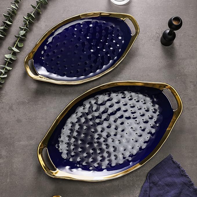 Stone Lain Florian Porcelain Large and Medium Oval Platters with Handle, Service Set, Blue with Gold Rim