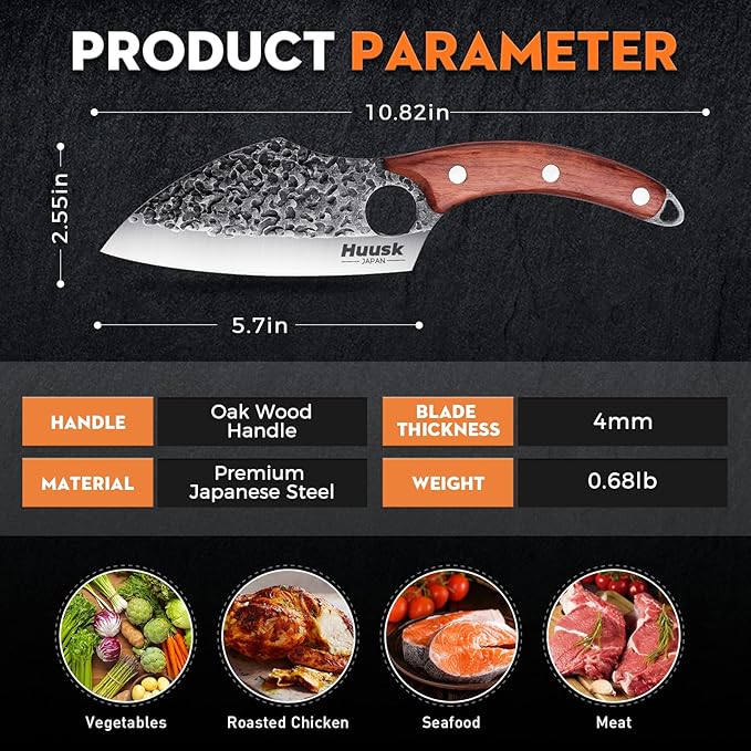 Huusk Hand Forged Meat Cleaver - Butcher Knife for Meat Cutting, Japanese Kitchen Viking Knife with Sheath, Cooking Knives for Kitchen and Outdoor Camping, Thanksgiving Christmas Gifts