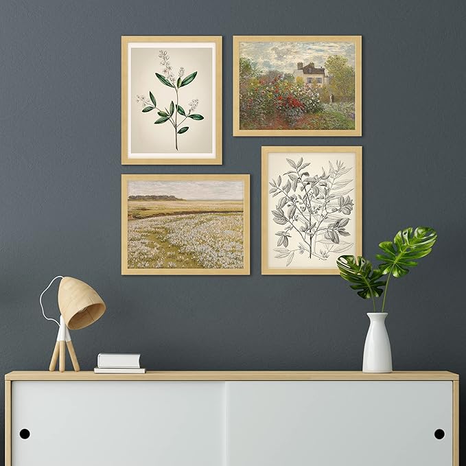 SIGNWIN Framed Poster Bathroom Decor 11"x14"x 4 Natural, Wall Art Room Decor Multicolor for Living Room, Bedroom, Office Autumn Spring Rustic Flower Landscape Classic Vintage Retro Illustrations