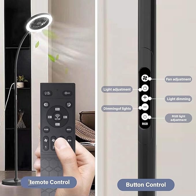 Pedestal Fan for Bedroom, Floor Lamp with Fan RGB 18w/1500lm, 3-Speed Stand Fan Stepless Adjustable 3000K-6000K Color and Dimmer, Remote and Button Control, Adjustable Gooseneck Gloor Lamp (Black)