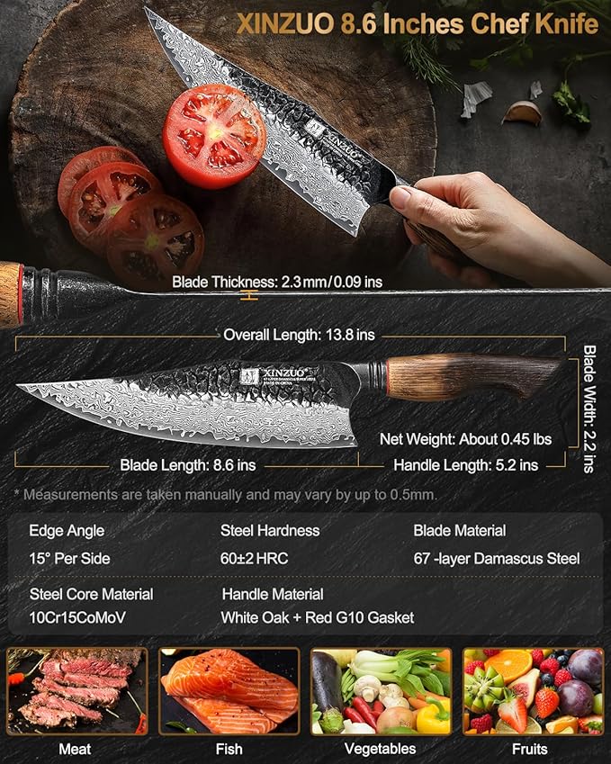 XINZUO 8.6 inch Professional Damascus Chefs Knife,67 Layers Damascus Steel Kitchen Knife,10Cr15CoMoV Steel Core,Very Sharp for Vegetables Meat Cutting for Home Kitchen,Burnt White Oak Wood Handle