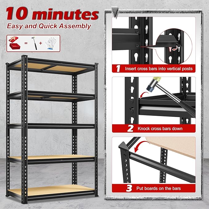 REIBII Storage Shelves 2020LBS Garage Shelving Heavy Duty 5 Tier Metal Shelving Adjustable Utility Shelf Rack for Garage Pantry Closet Kitchen Basement 28" W x 12" D x 59.8" H, 3 Pack