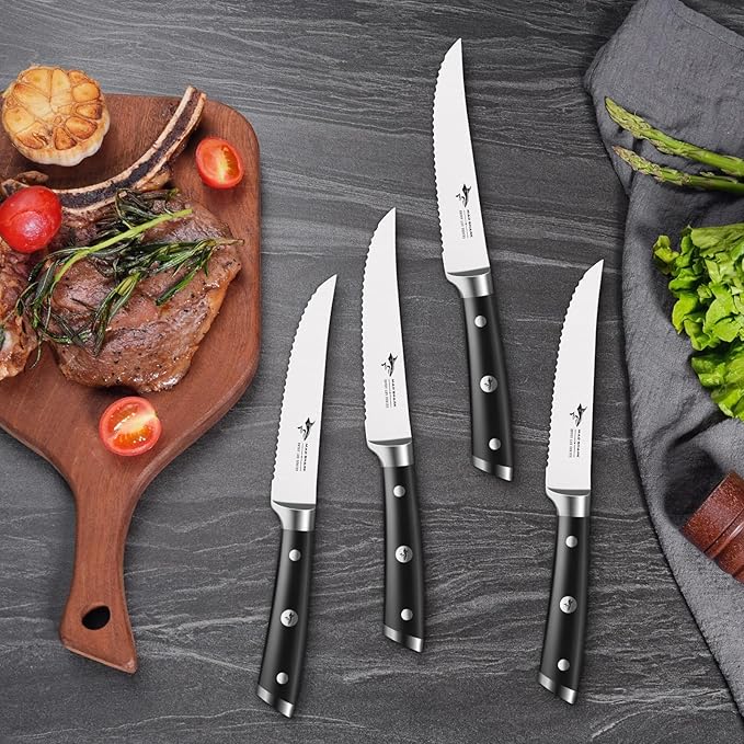 MAD SHARK 4-Piece Steak Knife Set, Premium 12.6-inch Serrated Steak Knives, Ultra Sharp German High Carbon Stainless Steel with Triple Rivet Handles, Elegant Gift Box Included