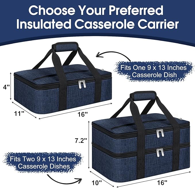 Double Insulated Casserole Carrier, Portable Casserole Carrier for Hot or Cold Food Lunch Tote Warmer or Cooler Bag, Lasagna Lunch Bag for Potluck Parties- Fits 9" x 13" Baking Dish-Navy blue