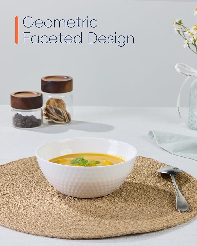 20 OZ Max White Opal Glass Cereal Bowl Set of 6, Thin Light & Durable 6 inch Dishwasher & Microwave Safe Round Geometric Faceted Bowls for Kitchen, Salad, Soup and Rice