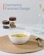 20 OZ Max White Opal Glass Cereal Bowl Set of 6, Thin Light & Durable 6 inch Dishwasher & Microwave Safe Round Geometric Faceted Bowls for Kitchen, Salad, Soup and Rice