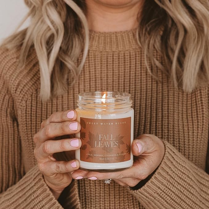Sweet Water Decor Fall Candle - Apple, Cinnamon & Orange Scented Candles for Home - Long Lasting Candles 40 Hour Burn Time Soy Candle Wax - Perfect Candle Gift for Autumn - 9oz Patterned Jar Candles