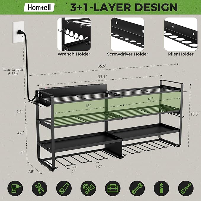 Max Loads 400lbs Power Tool Organizer Wall Mount, 4 Layer Garage Organization with 8 Cordless Drill Holder，Heavy Duty Metal Tool Storage Rack with 8 Outlet Power Strip for Room, Workshop