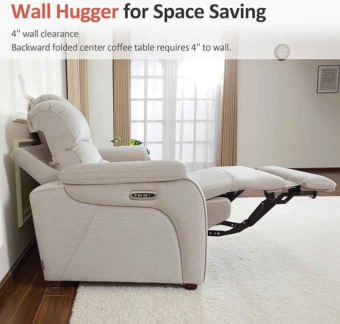 MCombo Wall Hugger Recliner Sofa with Drop Down Table, Power Reclining Sofa with Adjustable Headrest, USB A&C Charge Ports, Reading Lamp, Cup Holders, for Living Room, RVs (Fabric, ST258M3, Beige)