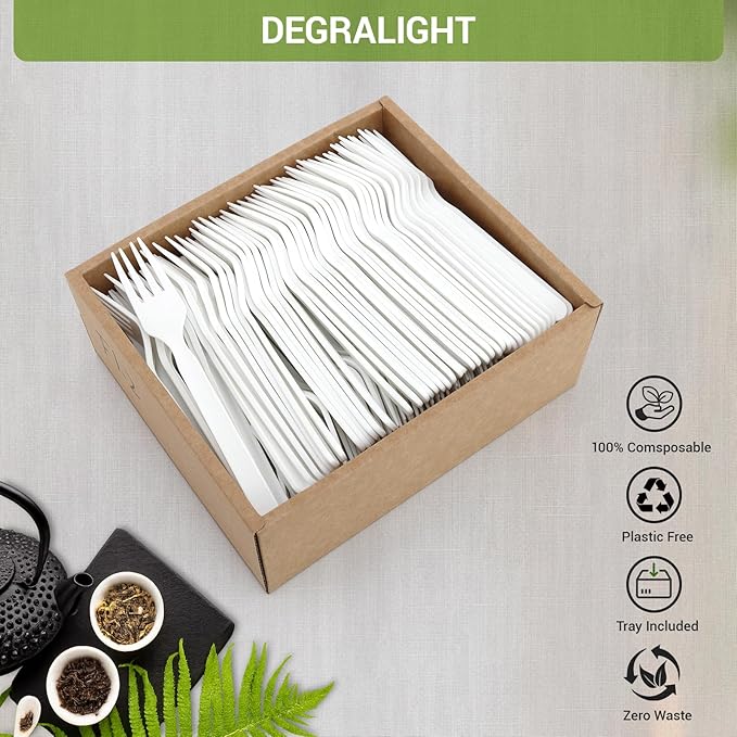 100% Compostable Froks - 200Pcs Heavy Duty Biodegradable Forks Disposable Utensils, BPA-Free, Heat Resistant, BPI Certified Disposable Forks, Eco Friendly Cutlery for Party, Office & Picnic
