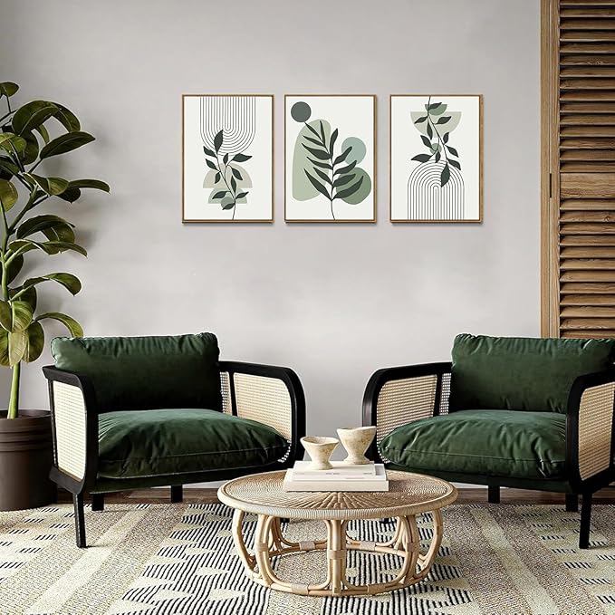 Bwodke Boho Wall Art, Framed Abstract Wall Art, Botanical Canvas Wall Decor, Mid Century Line Leaf Geometric Pictures Set of 3, Minimalist Paintings, for Bedroom Living Room Bathroom 16"x24"
