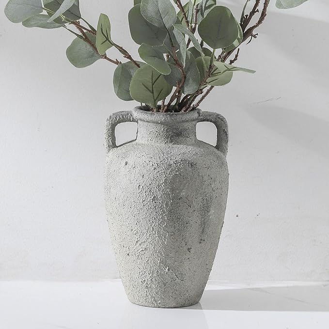 Ceramic Vase with 2 Handles, 8.85 inch Tall Vintage Farmhouse Flower Vase for Home Decor, Wide Mouth, Living Room Shelf Decor, Enterway, Table