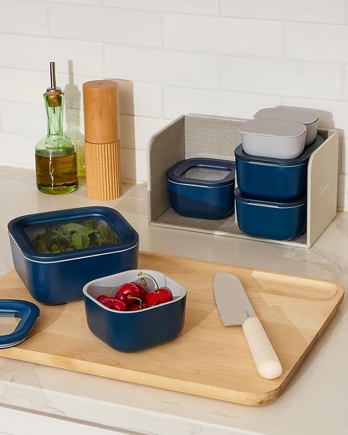 Caraway 22pc Glass Food Storage Set - Storage Containers for Food - Non-Toxic Ceramic-Coated Glass - Air Release Technology - Compact & Stackable Design - Gray