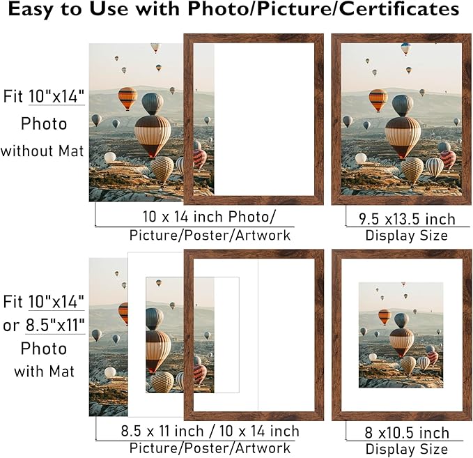 10x14 Picture Frame Set of 12 for 30 x 40 cm Diamond Art Painting, Display 8.5x11 With Mat or 10x14 Without, Wood Wall Gallery Poster Photo Frames Bulk, 12 Pack, Deep Brown