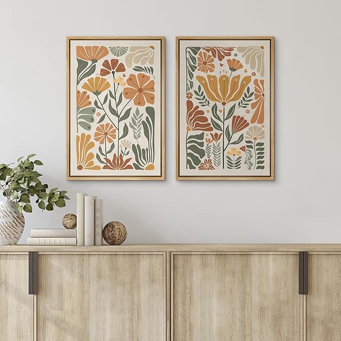 SIGNFORD Framed Canvas Print Wall Art Set Vintage Flower in Pastel Illustration Modern Art Decorative Nordic Nature for Living Room, Bedroom, Office - 16"x24"x2 Natural