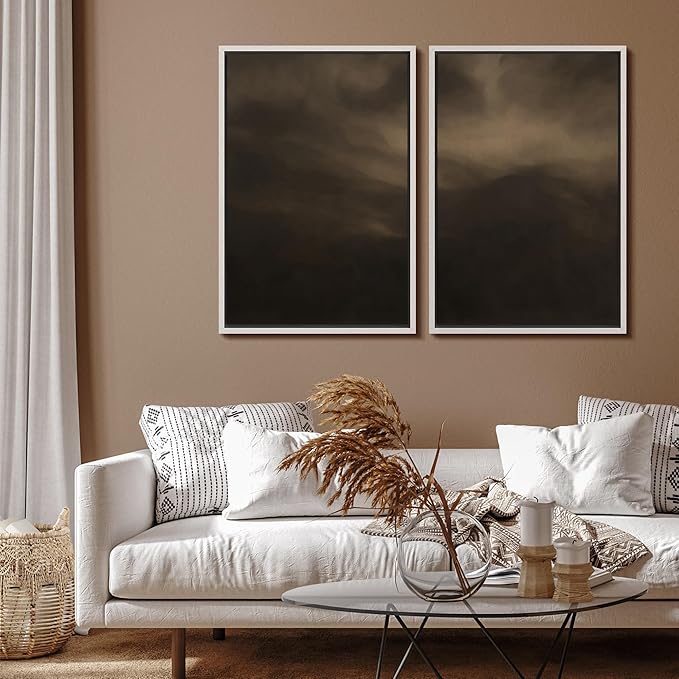 SIGNFORD Framed Canvas Print Wall Art Set Moody Misty Landscape Soft Brown and Gray Hues Illustration Modern Art Decorative Nordic Nature for Living Room, Bedroom, Office - 16"x24"x2 White