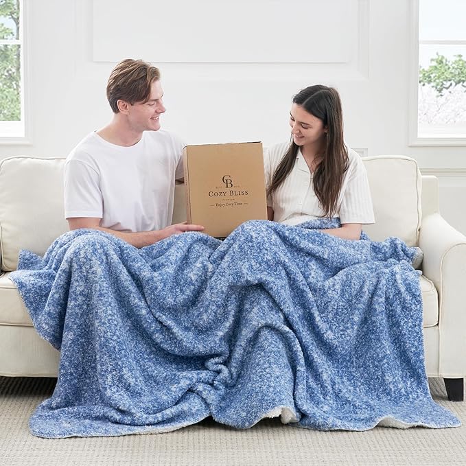 Cozy Bliss Luxury Sherpa Throw Blanket for Couch, Premium Reversible Plush Thick Throw, Warm Cozy Soft Blanket for Home and Gifts (Mottled Navy Blue, 60" x 80")