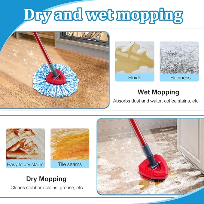 Spin Mop Handle,Mop Heads Replacements,Scrubber Mop Head and Mop Base Compatible with O-cedar RinseClean 2-Tank Spin Mop System,Mop Handle and Head Replacement Combo Set for Wet Dry Use Floor Cleaning