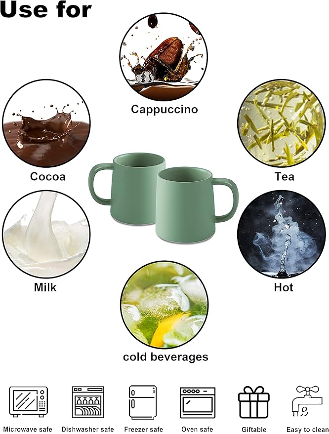 T-WARE 16 Oz Coffee Mugs, Matte Sage Green Mug Set of 2, Ceramic Mugs Coffee, Solid Color Coffee Cups Ceramic