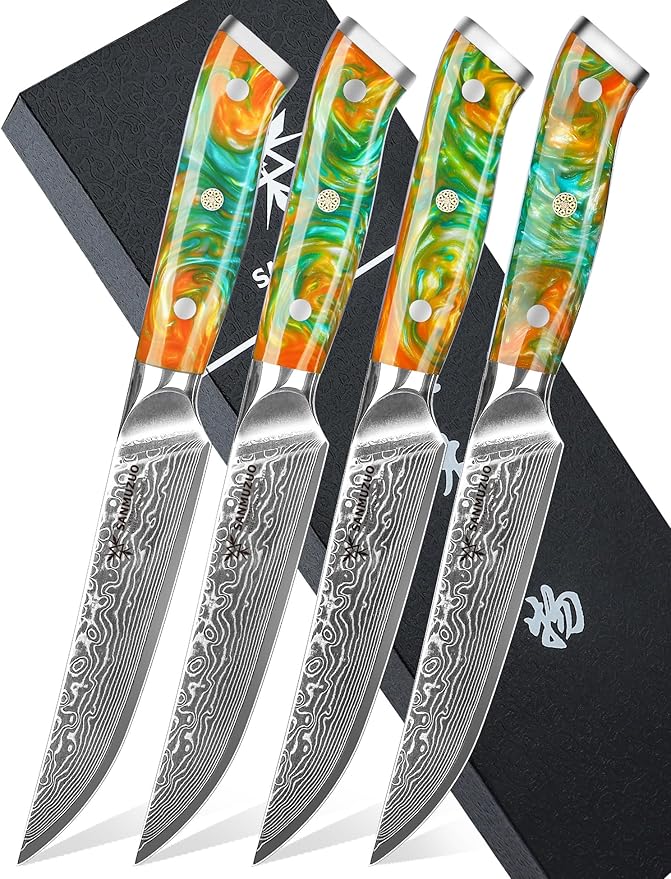 Steak Knives Set of 4, Ultra Sharp Non Serrated Kitchen Steak Knife 5 Inch - Damascus Steel & Resin Handle - Xuan Series(Fantasy Orange)