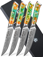 Steak Knives Set of 4, Ultra Sharp Non Serrated Kitchen Steak Knife 5 Inch - Damascus Steel & Resin Handle - Xuan Series(Fantasy Orange)