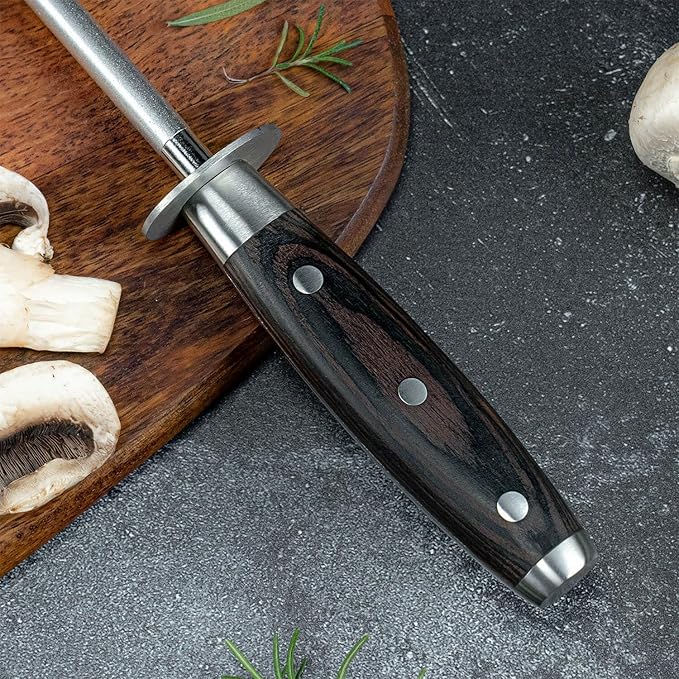 SENKEN Professional Emery Knife Sharpening Steel - Incredibly Strong Emery Rod for Sharpening & Honing Knives Up to 63 HRC Including All Damascus Knives (Smoothly Finished Wood)