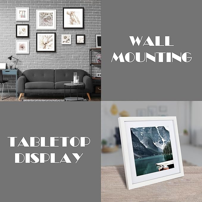 10x10 White Picture Frames set of 3, Made of Wooden and Real Glass Square Photo frame - Displays 8x8 Picture With Mat or 10 x 10 Without Mat, Desktop & Wall Collage Frame set