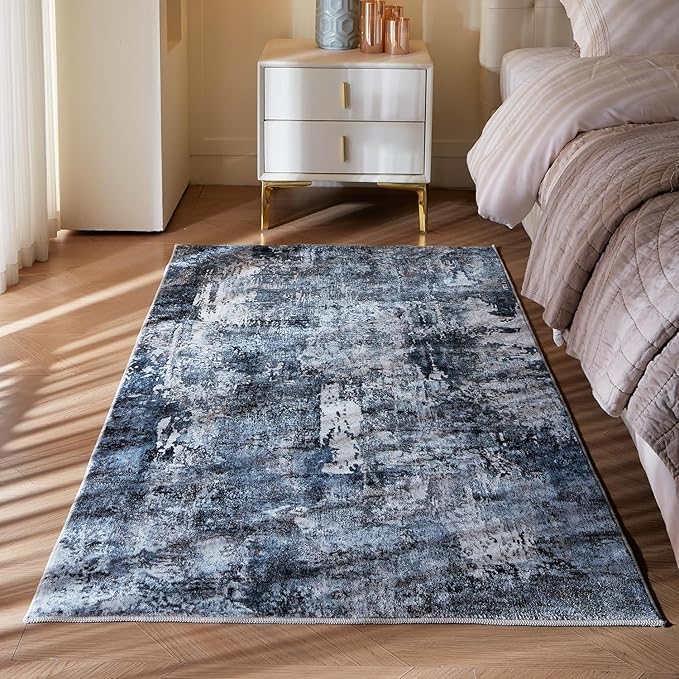 Rugcomf 3x5 Rug Washable Boho Rug Soft Area Rug Abstract Pattern Non-Slip Non-Shedding Faux Wool Vintage Rug for Bedside, Bedroom Rug, Kitchen, Floor, Indoor, Laundry, Blue
