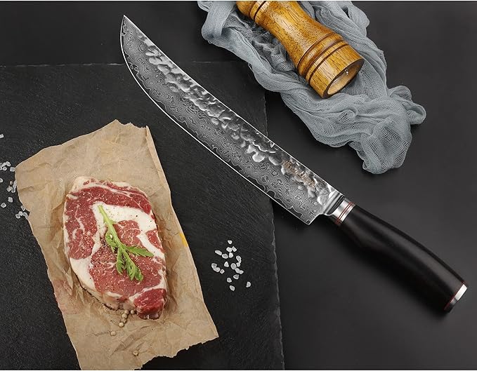 YOUSUNLONG Cimitar Knife 10" Butcher's Scimitar Knife Hammered Japanese Damascus Steel Natural Leadwood Handle