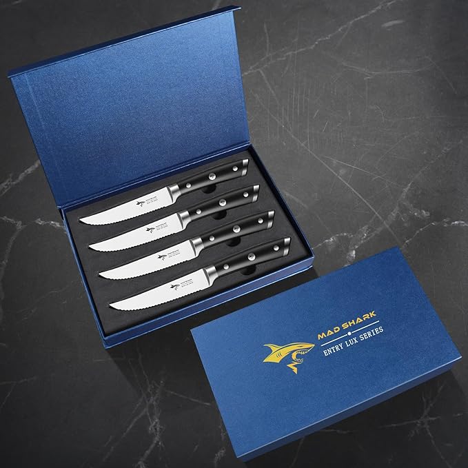 MAD SHARK Steak Knives Set of 4,Premium 12.6-inch Serrated Steak Knife Set,Ultra Sharp German High Carbon Stainless Steel Triple Rivet Collection 4-Piece Kitchen Steak Knife Set (STEAK KNIFE SET OF 4)