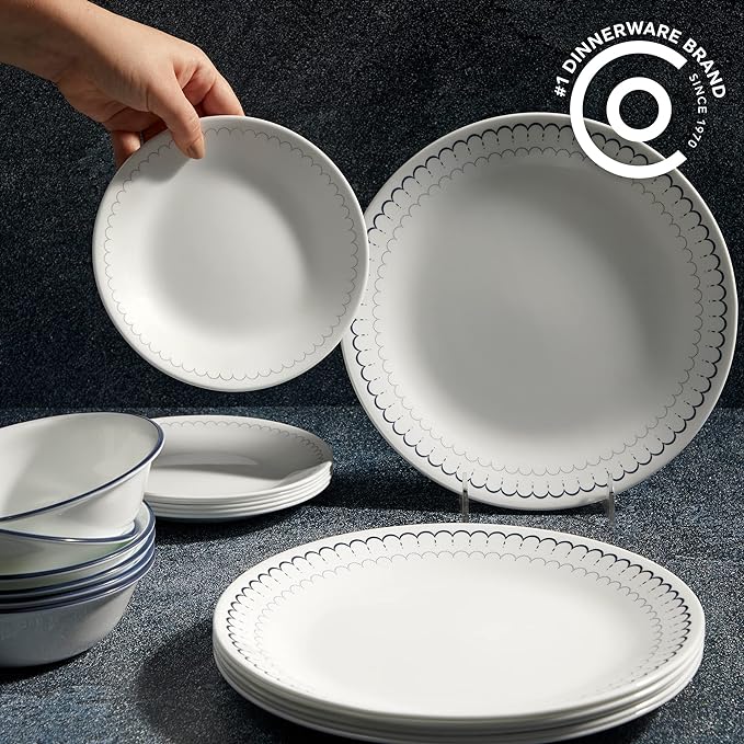 Corelle 18-Piece Dinnerware Set Service for 6, Lightweight Round Plates and Bowls Set, Vitrelle Triple Layer Glass, Chip Resistant, Microwave and Dishwasher Safe, Caspian